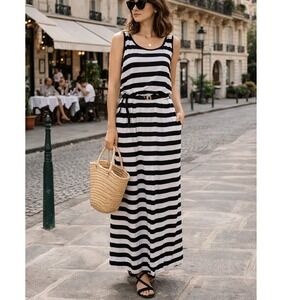 Fever Womens Sleeveless Gray & Black Stripe Belted Maxi Dress Size M NWT